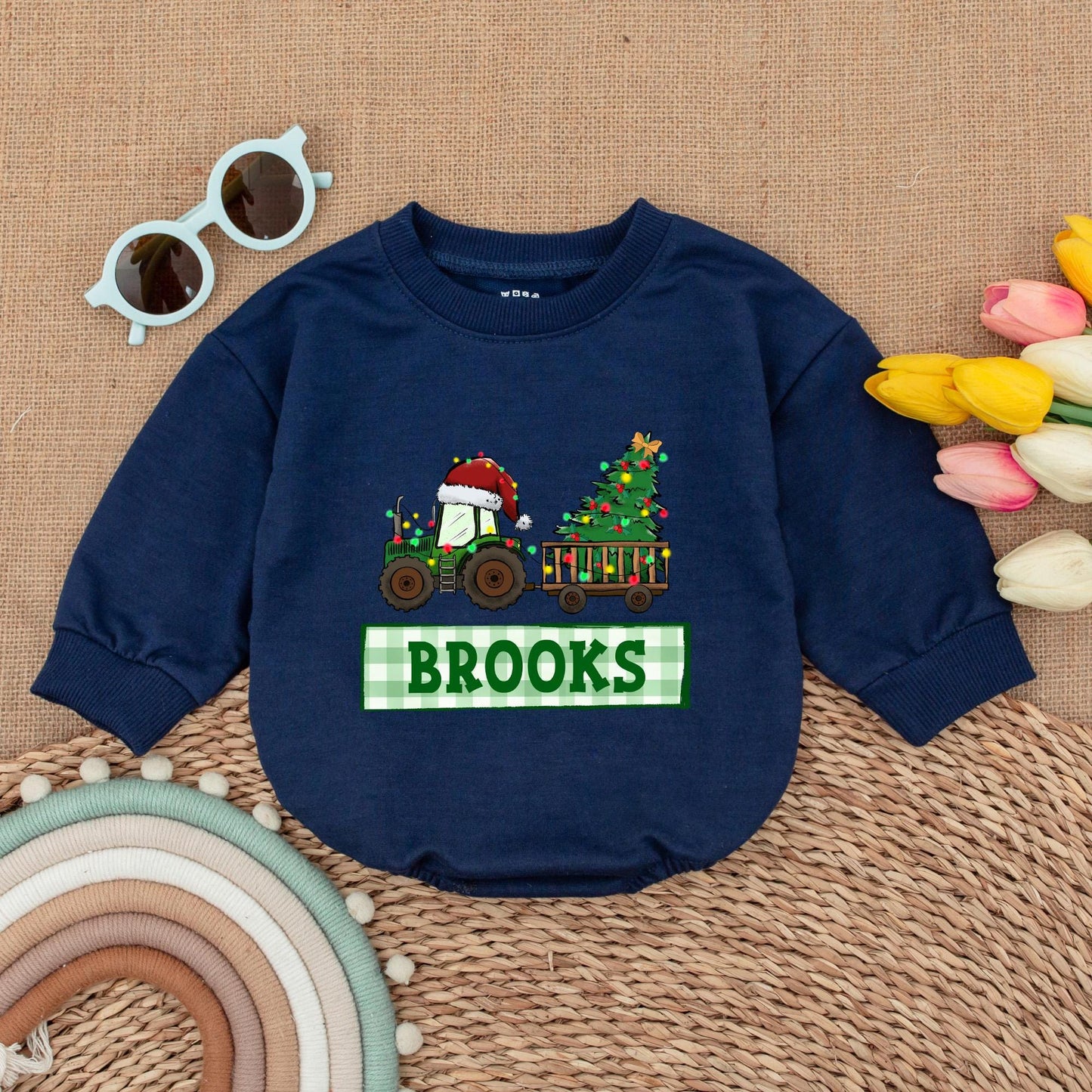 Personalized Tractor Christmas Romper for Baby Boy First Christmas Outfit Custom Name Winter Clothes Christmas Baby Shower Gift Red & Green Newborn Clothes