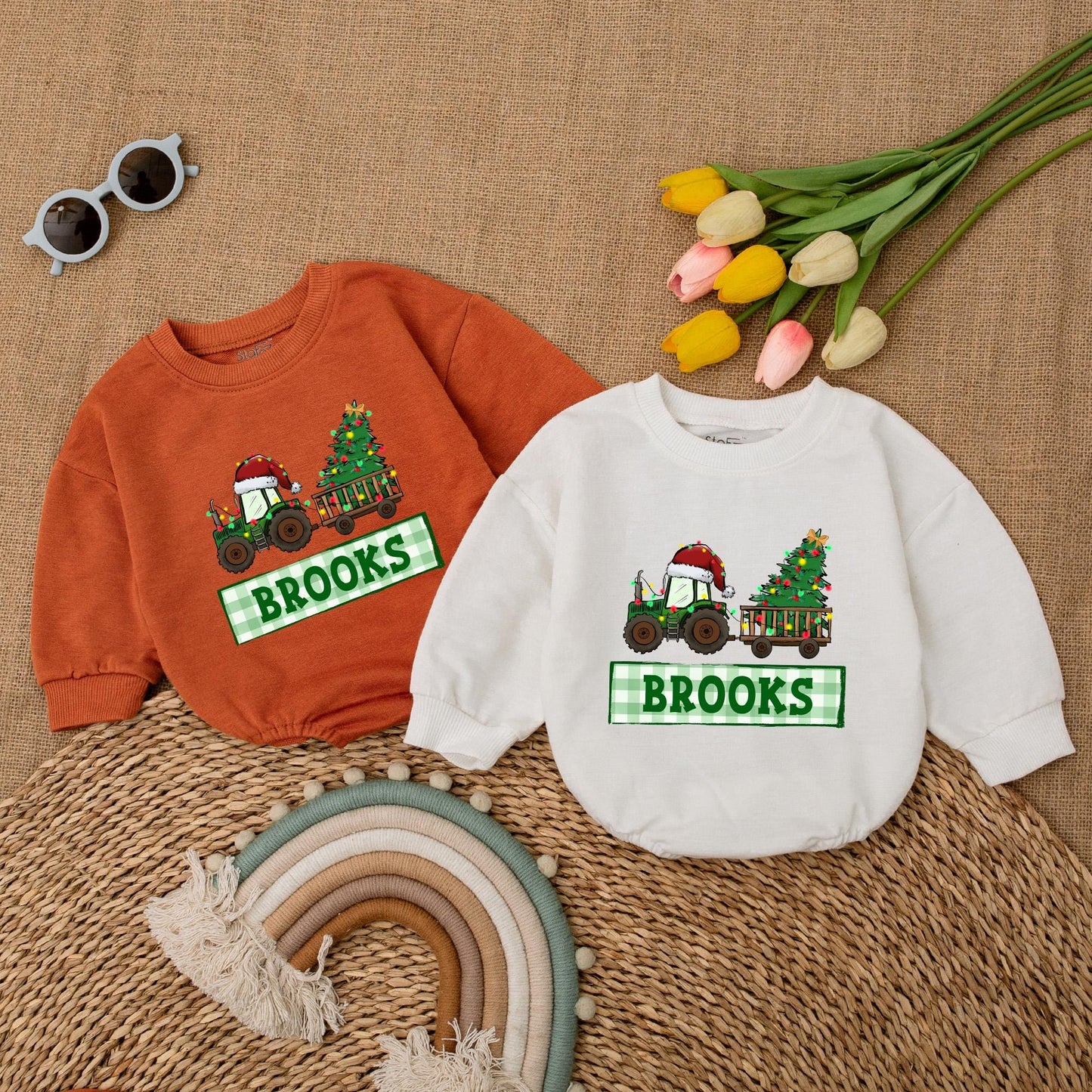 Personalized Tractor Christmas Romper for Baby Boy First Christmas Outfit Custom Name Winter Clothes Christmas Baby Shower Gift Red & Green Newborn Clothes