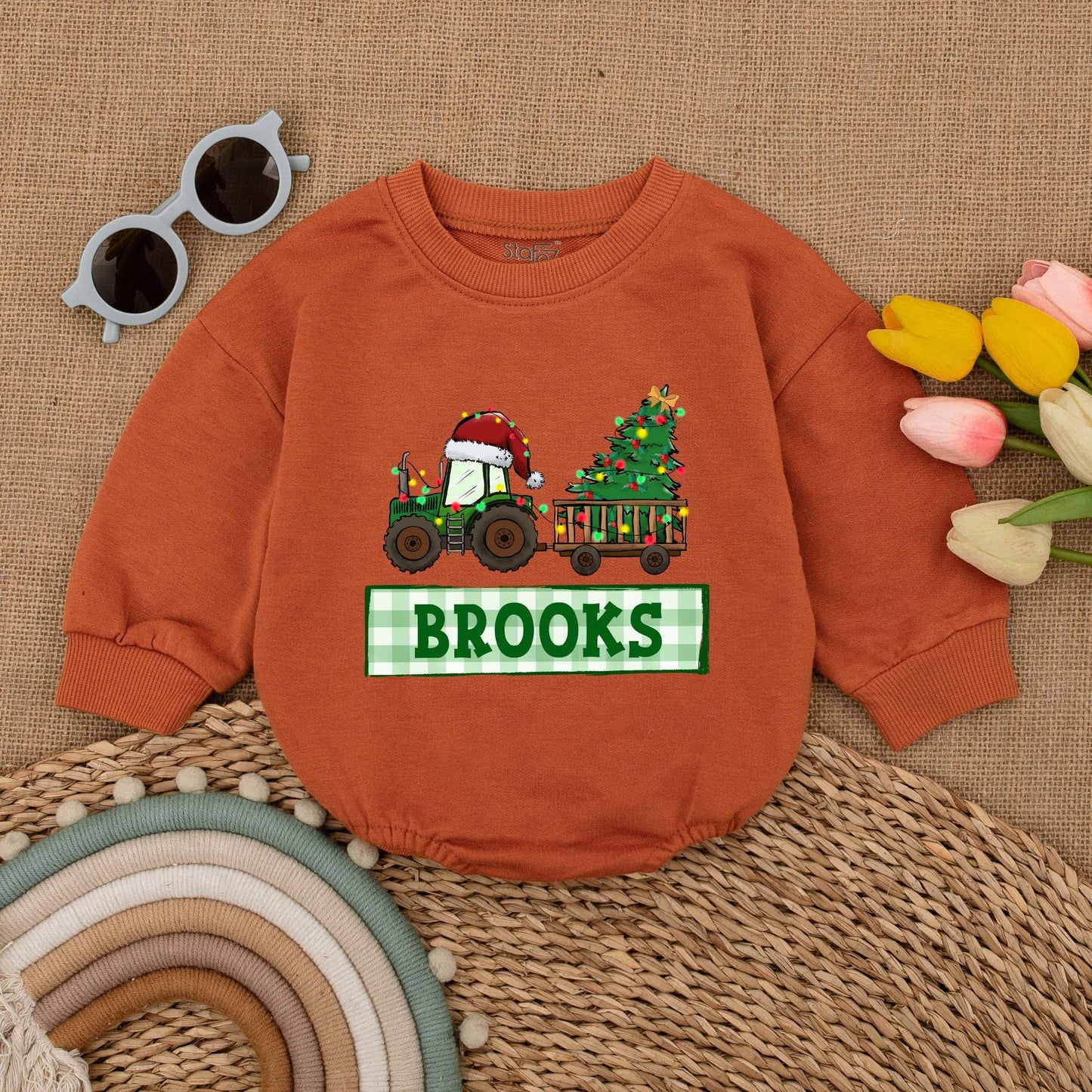 Personalized Tractor Christmas Romper for Baby Boy First Christmas Outfit Custom Name Winter Clothes Christmas Baby Shower Gift Red & Green Newborn Clothes