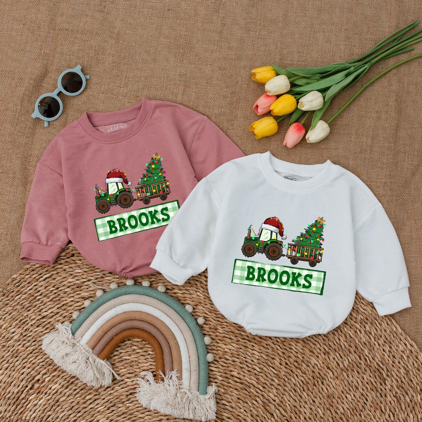 Personalized Tractor Christmas Romper for Baby Boy First Christmas Outfit Custom Name Winter Clothes Christmas Baby Shower Gift Red & Green Newborn Clothes