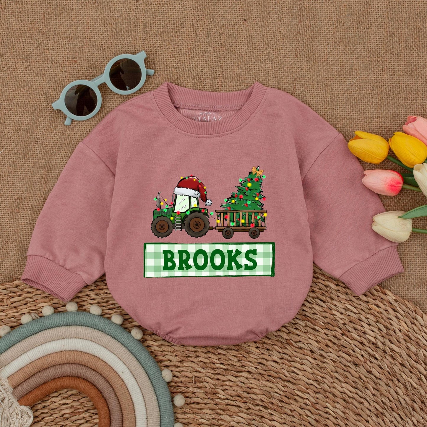 Personalized Tractor Christmas Romper for Baby Boy First Christmas Outfit Custom Name Winter Clothes Christmas Baby Shower Gift Red & Green Newborn Clothes