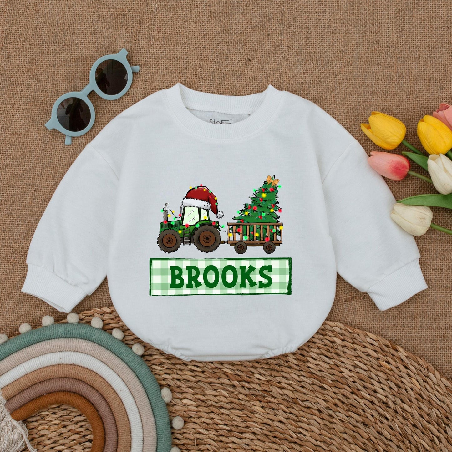 Personalized Tractor Christmas Romper for Baby Boy First Christmas Outfit Custom Name Winter Clothes Christmas Baby Shower Gift Red & Green Newborn Clothes