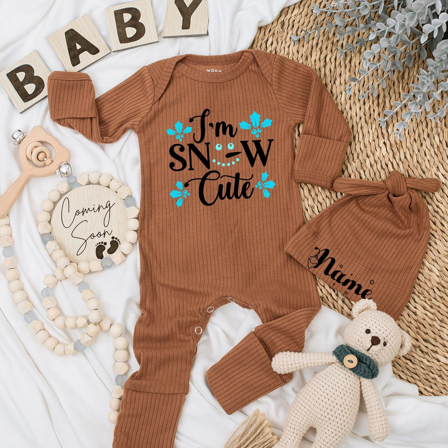 I'm Snow Cute Baby Romper - Soft Christmas Newborn Outfit, Teal Holly Accent, Funny Winter Pun Long Sleeve Going Home Gift for Boys and Girls