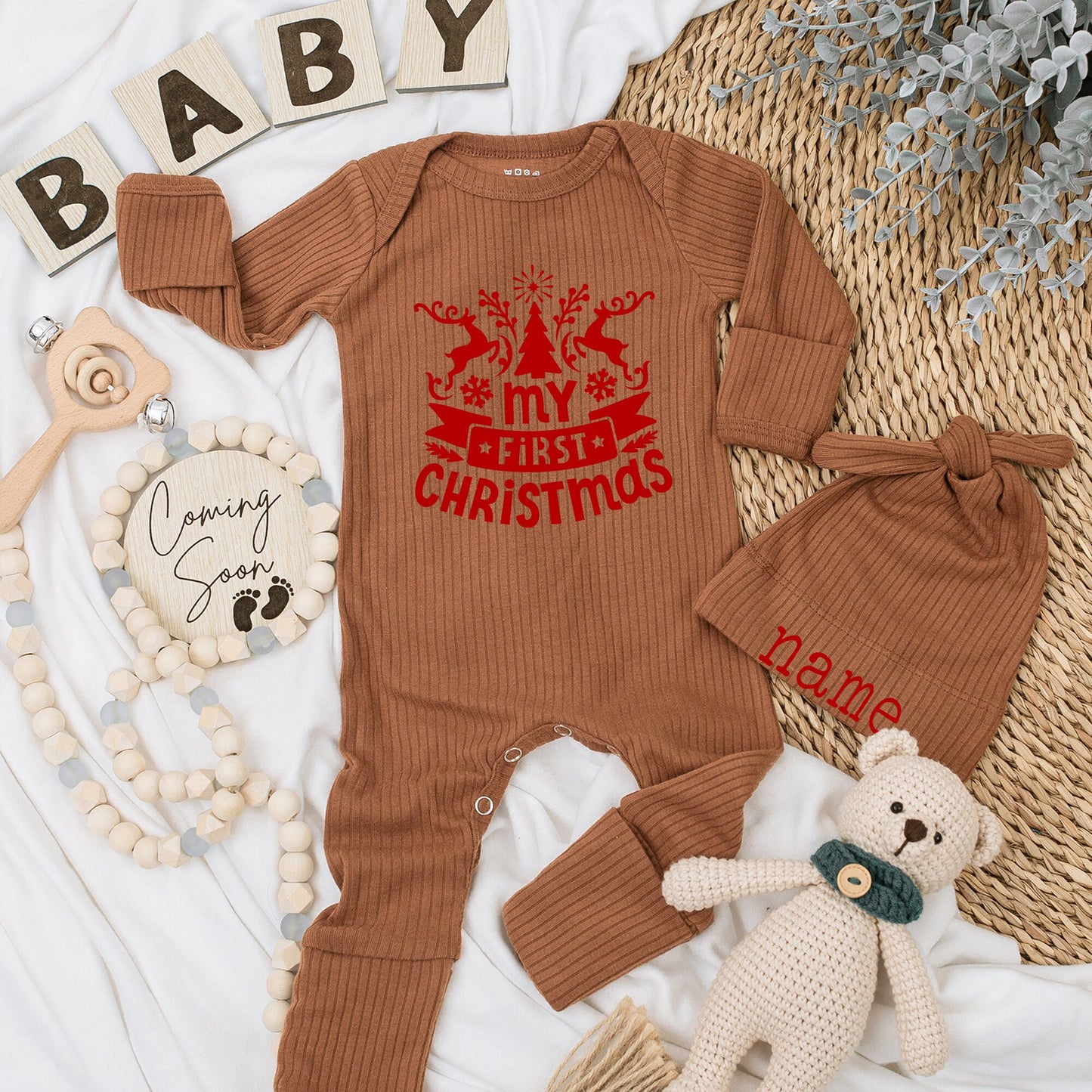 My First Christmas Baby Romper with Reindeer Snowflakes & Red Banner Custom Newborn Outfit for Boys Girls Baby Shower Christmas Gift