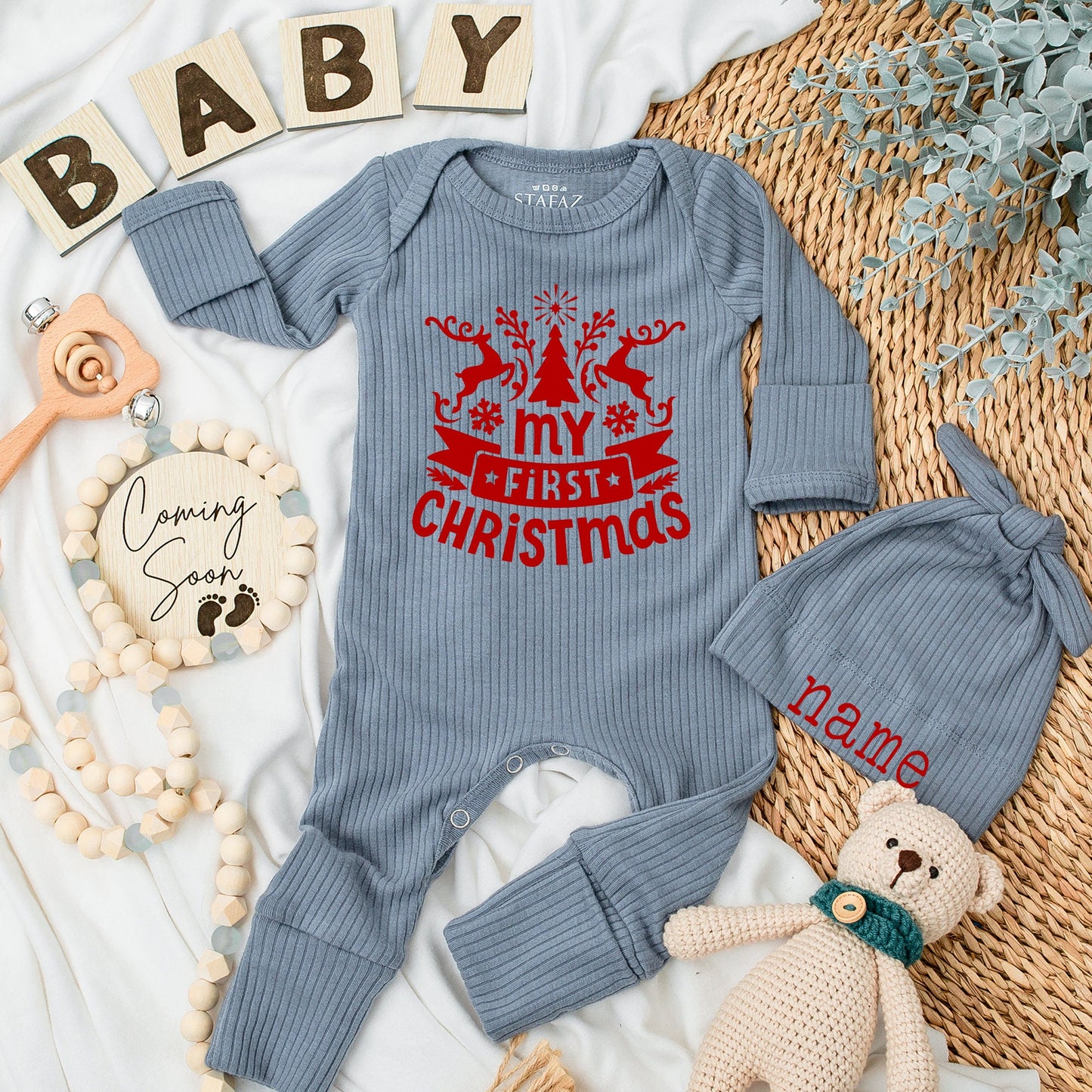 My First Christmas Baby Romper with Reindeer Snowflakes & Red Banner Custom Newborn Outfit for Boys Girls Baby Shower Christmas Gift