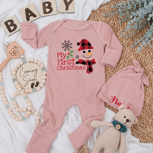 My First Christmas Baby Long Sleeve Romper Cute Snowman Buffalo Plaid Outfit Newborn Gift for Boys Girls
