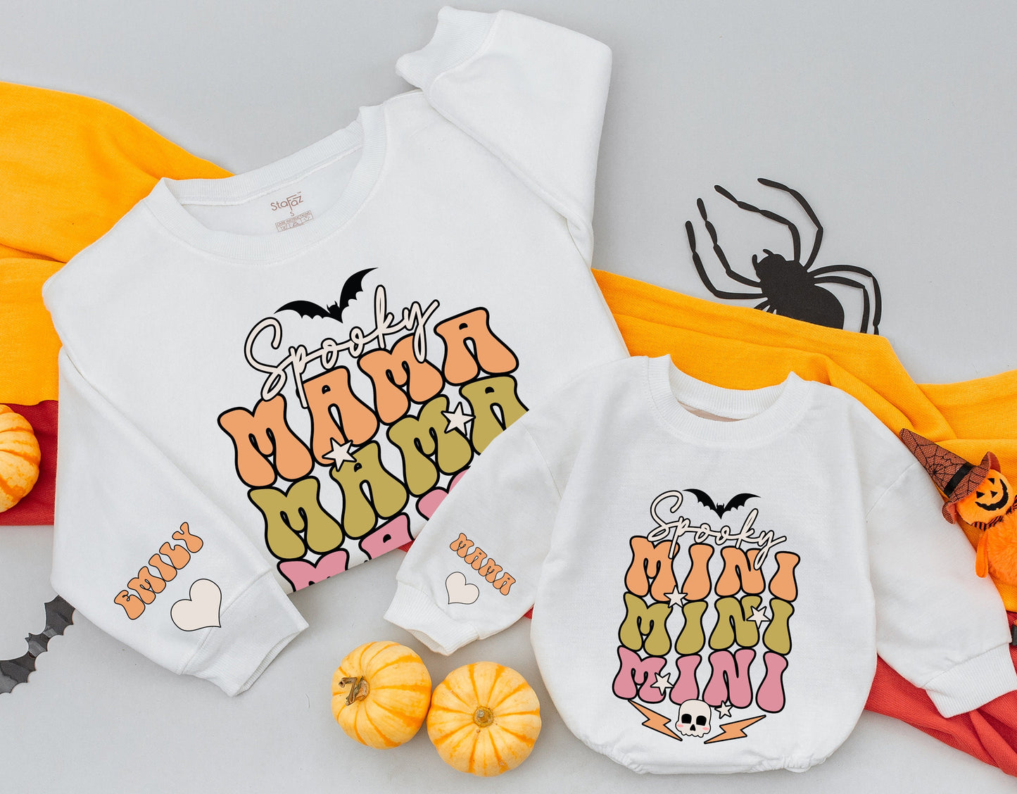 Retro Spooky Mama Mini Matching Halloween Sweatshirts, Peach Olive Pink Bat Design, Mommy and Me Outfits, Custom Sleeve Heart Detail 138