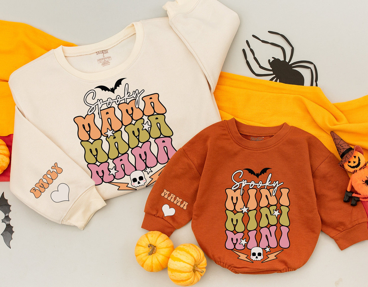 Retro Spooky Mama Mini Matching Halloween Sweatshirts, Peach Olive Pink Bat Design, Mommy and Me Outfits, Custom Sleeve Heart Detail 138