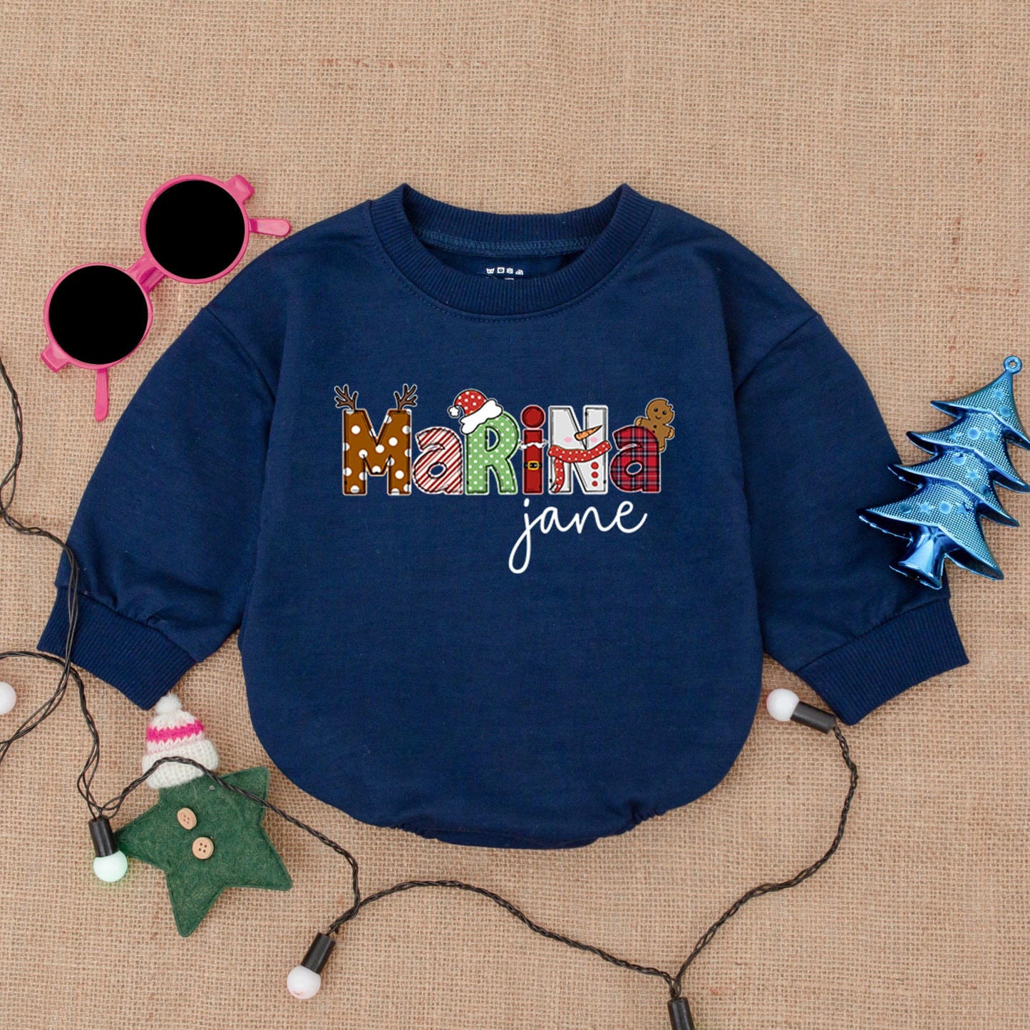 Custom Name Christmas Baby Bodysuit Festive Santa Reindeer Design with Gingerbread for First Holiday Season Soft Bubble Romper Infant Outfit Gift