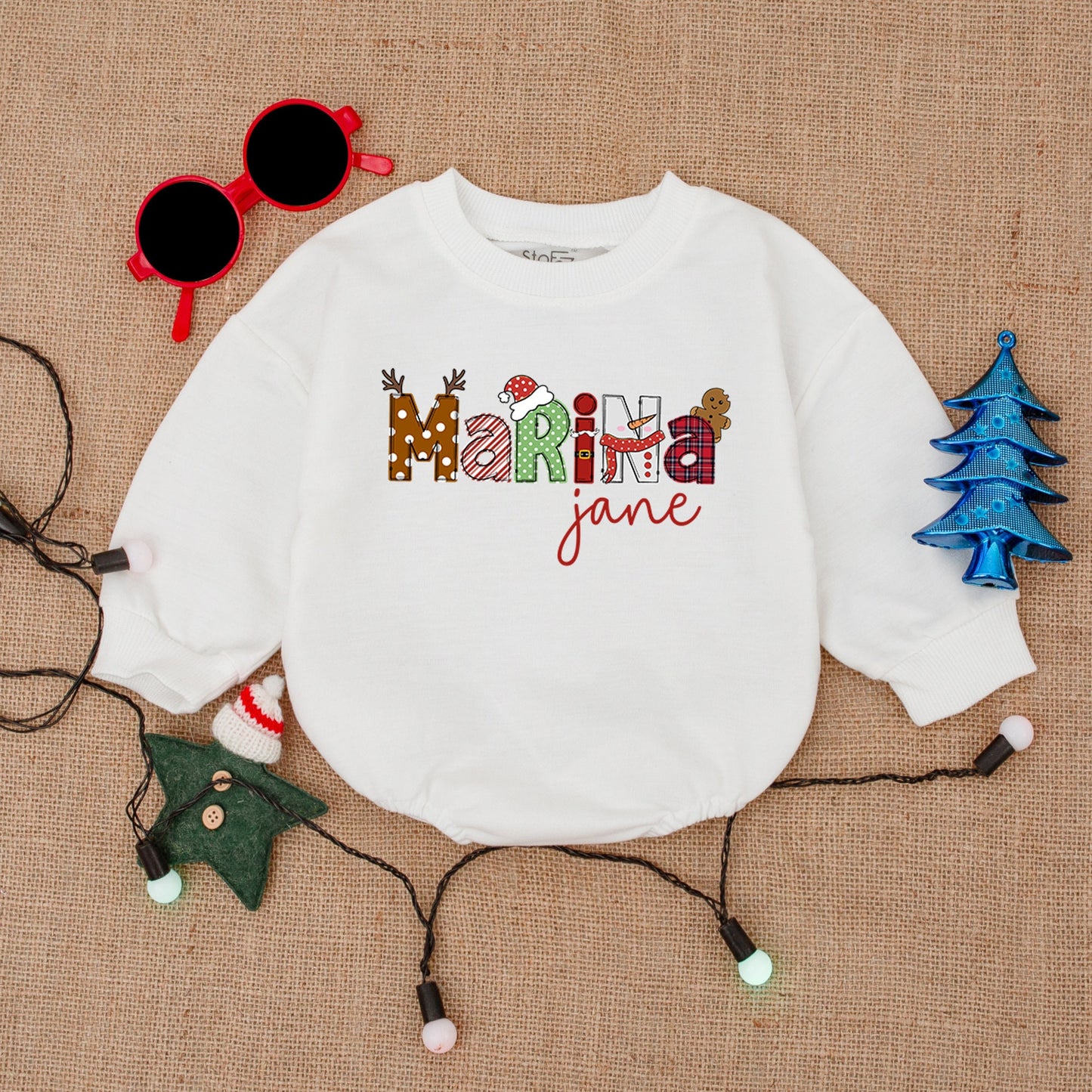 Custom Name Christmas Baby Bodysuit Festive Santa Reindeer Design with Gingerbread for First Holiday Season Soft Bubble Romper Infant Outfit Gift
