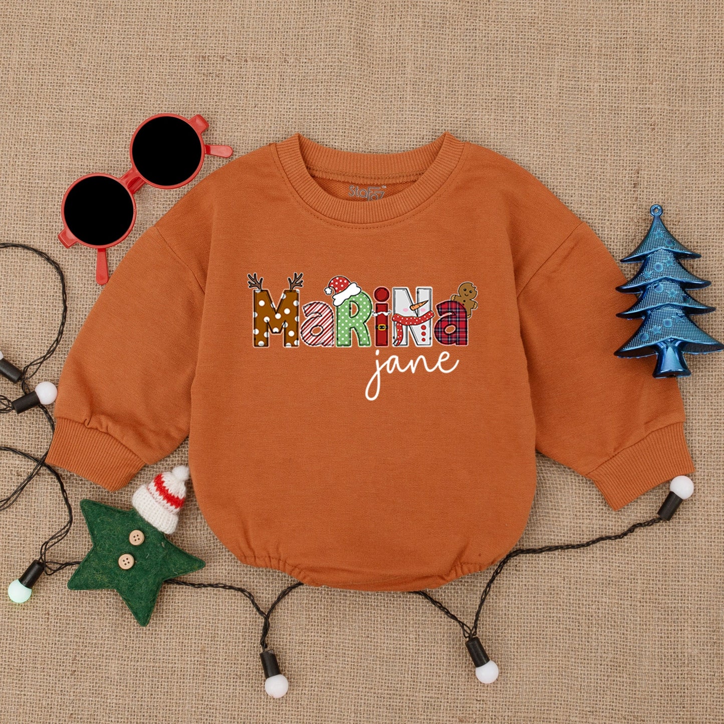 Custom Name Christmas Baby Bodysuit Festive Santa Reindeer Design with Gingerbread for First Holiday Season Soft Bubble Romper Infant Outfit Gift