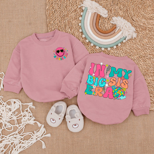In My Big Sis Era Baby Bubble Romper Retro Pink Smiley Girl Outfit Gift