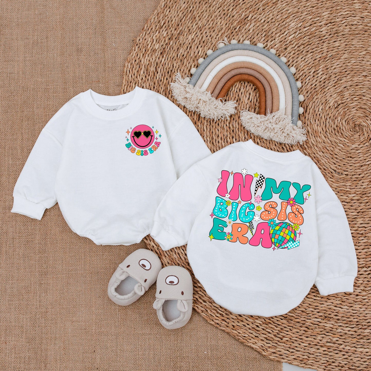 In My Big Sis Era Baby Bubble Romper Retro Pink Smiley Girl Outfit Gift