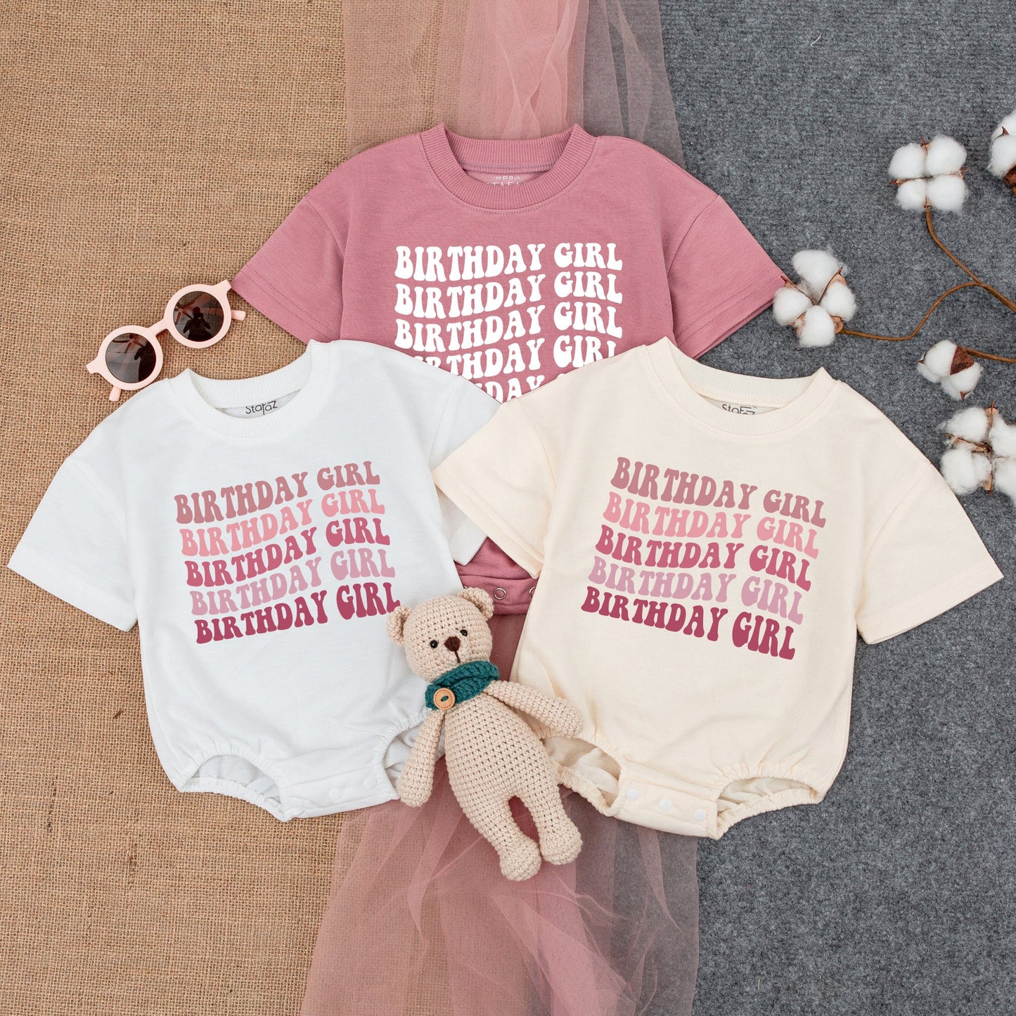 Personalized First Birthday Girl Bubble Romper Pink Retro Bubbly "BIRTHDAY GIRL" Print Stacked Gradient Short-Sleeve Outfit Infant Gift