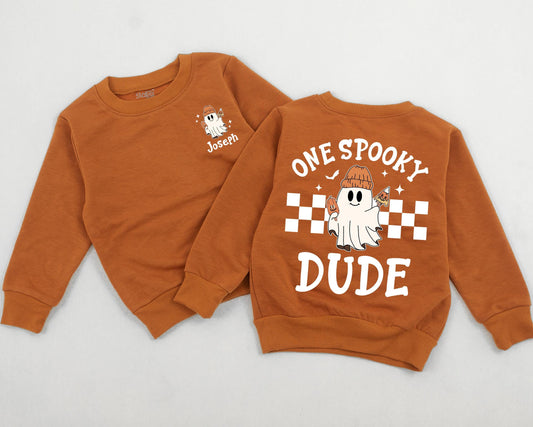 Personalized One Spooky Dude Sweatshirt Baby Boy First Halloween Outfit, Ghost Beanie & Candy Corn Design, Spooky Season, Coming Home
