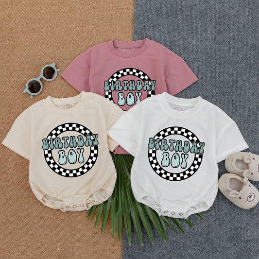 Birthday Boy Blue Cupcake Romper, Personalized First Birthday Outfit, Custom Name One Year Old Short-Sleeve Bodysuit, Cute Party Clothes 1st Bday