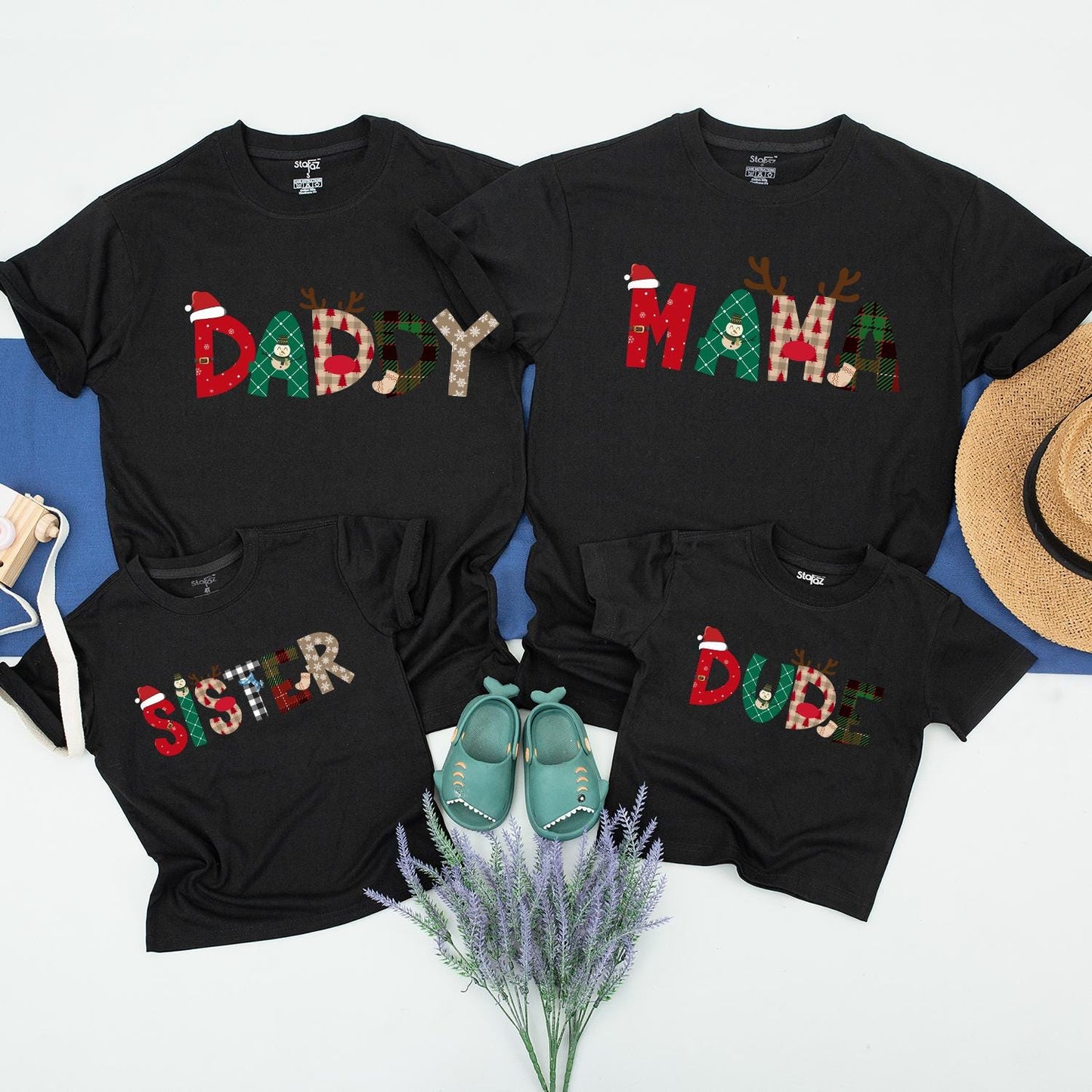 Festive Christmas Family Shirts Mama Daddy Brother Dude Matching Holiday Plaid Snowflakes Santa Reindeer Red Green Fun Family Reunion Tees
