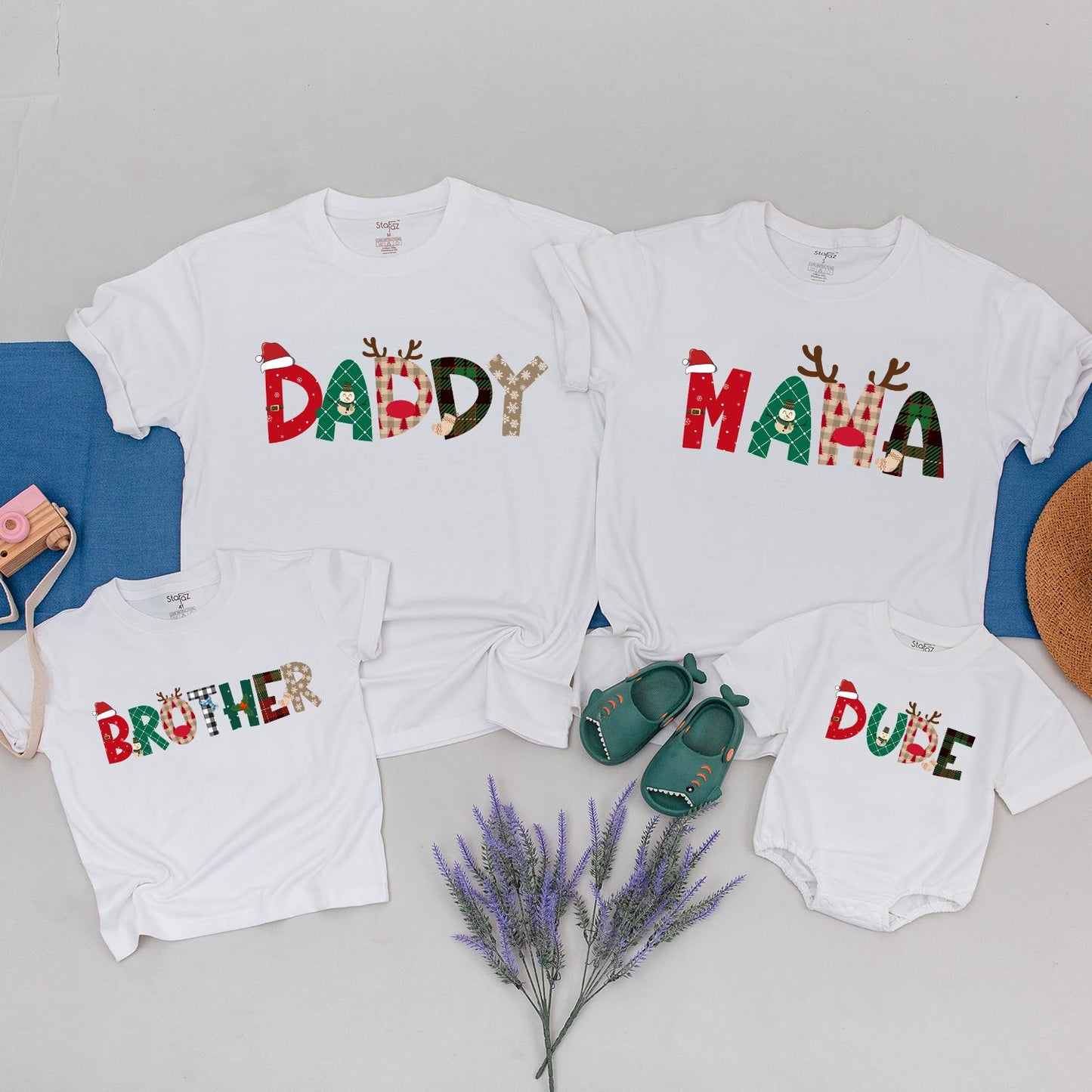 Festive Christmas Family Shirts Mama Daddy Brother Dude Matching Holiday Plaid Snowflakes Santa Reindeer Red Green Fun Family Reunion Tees