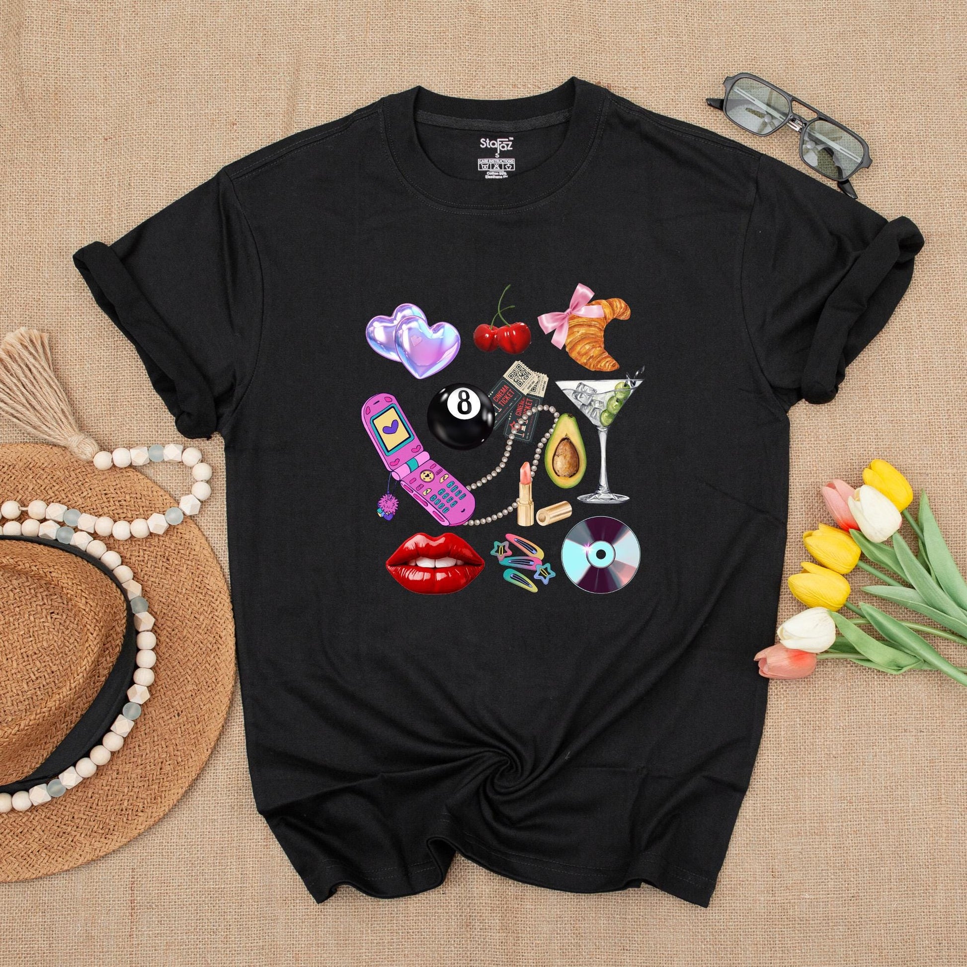 Y2K Collage Graphic Tee Fun Retro Hearts Cherries Croissant Flip Phone Martini Glass Summer Shirt Gift for Her