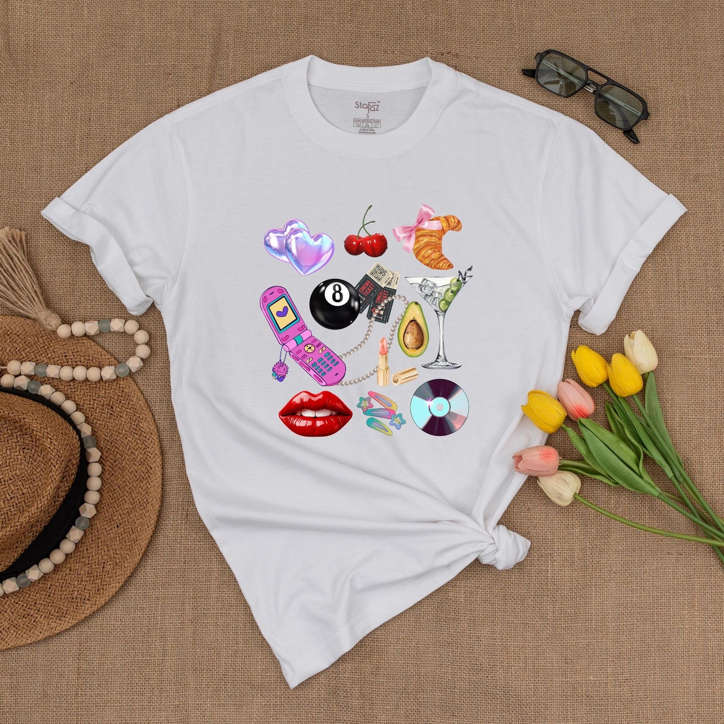 Y2K Collage Graphic Tee Fun Retro Hearts Cherries Croissant Flip Phone Martini Glass Summer Shirt Gift for Her