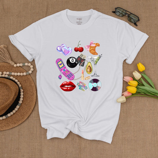 Y2K Collage Graphic Tee Fun Retro Hearts Cherries Croissant Flip Phone Martini Glass Summer Shirt Gift for Her