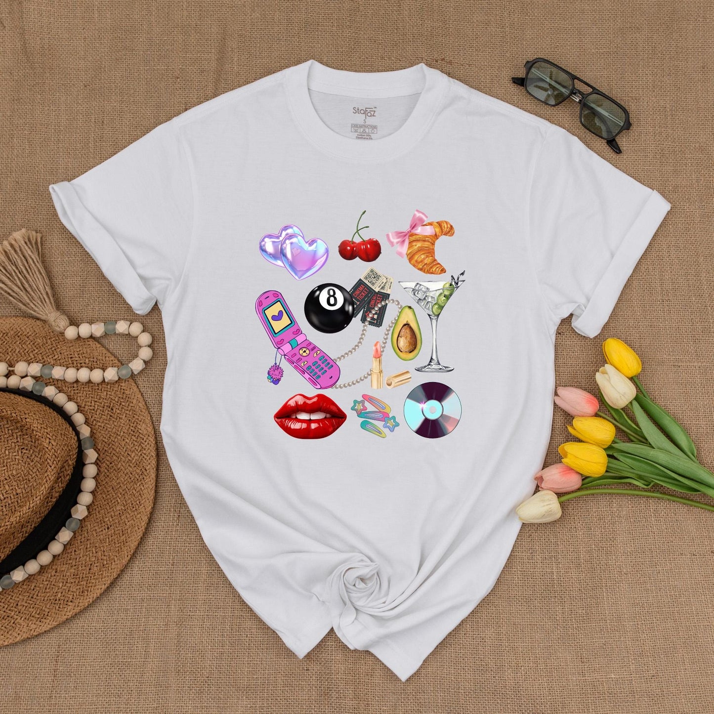 Y2K Collage Graphic Tee Fun Retro Hearts Cherries Croissant Flip Phone Martini Glass Summer Shirt Gift for Her