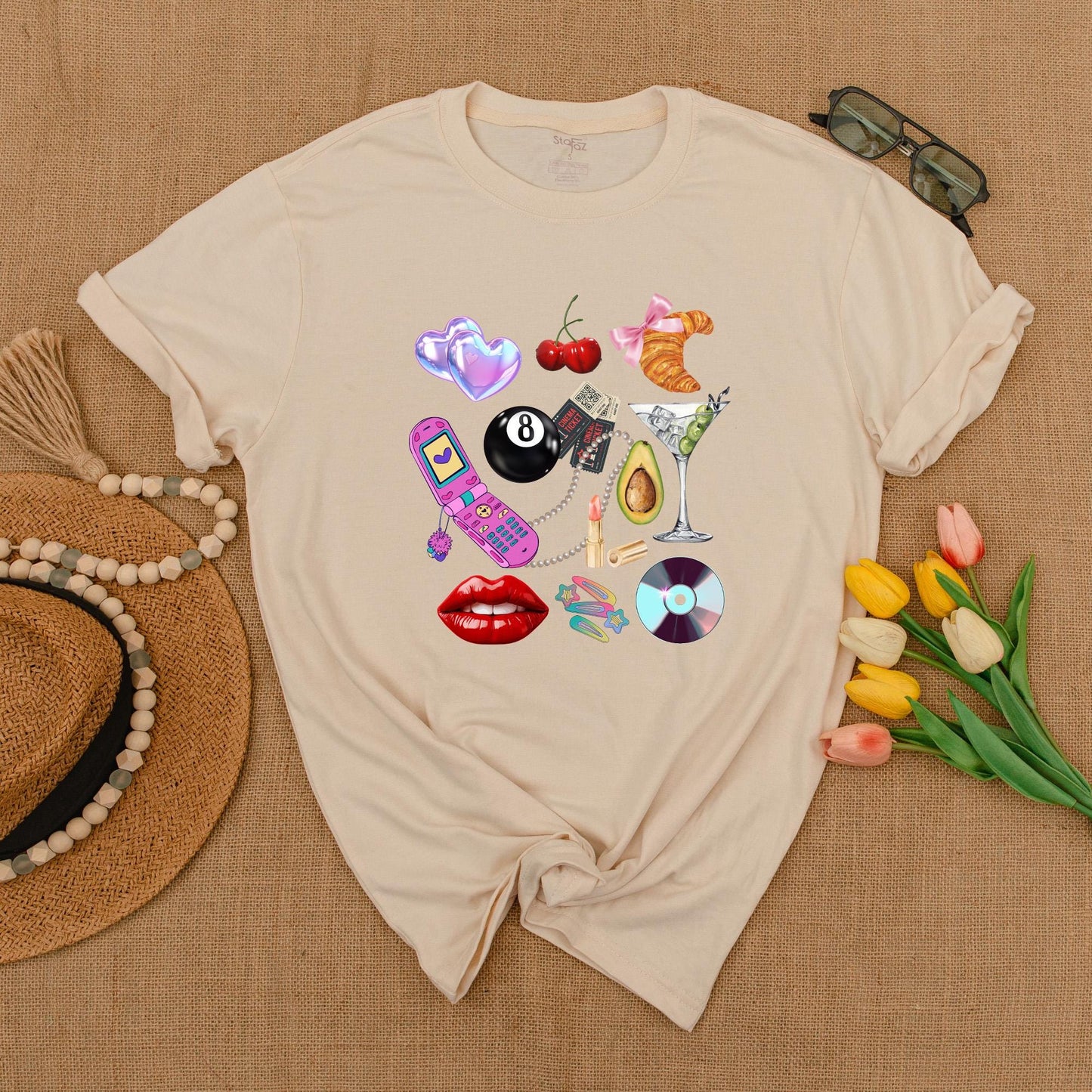 Y2K Collage Graphic Tee Fun Retro Hearts Cherries Croissant Flip Phone Martini Glass Summer Shirt Gift for Her