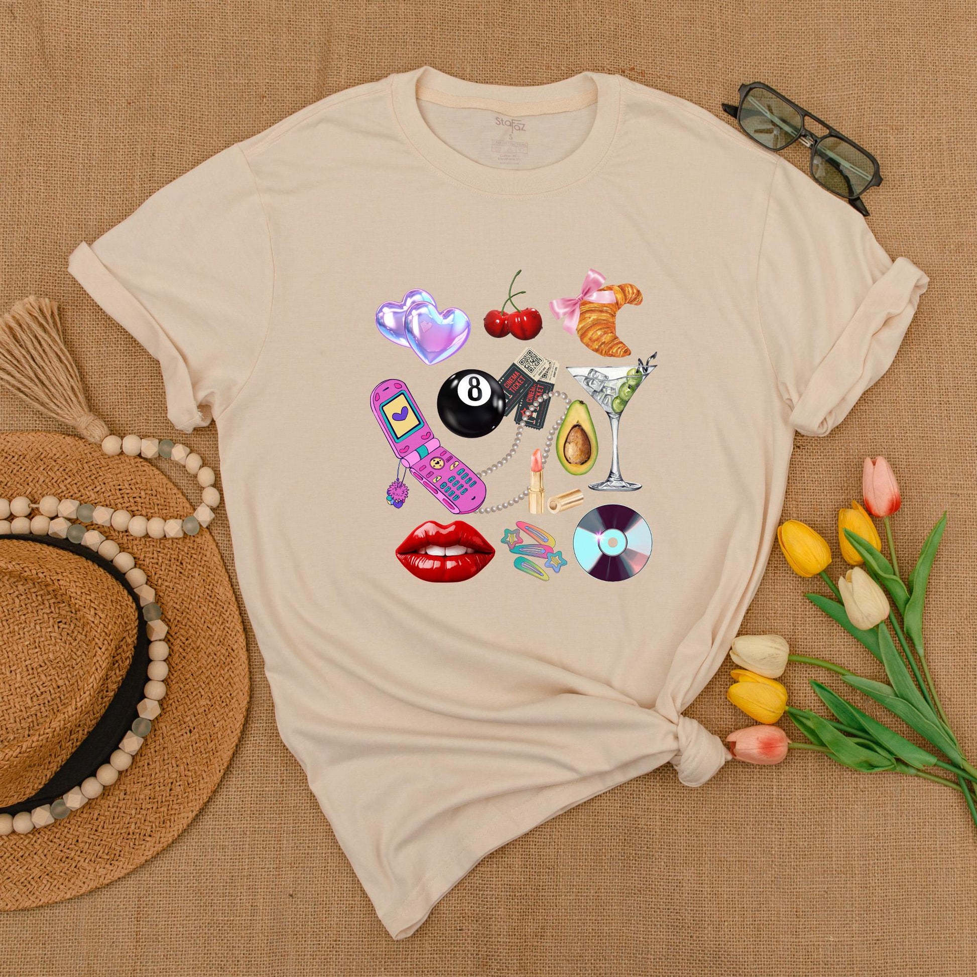 Y2K Collage Graphic Tee Fun Retro Hearts Cherries Croissant Flip Phone Martini Glass Summer Shirt Gift for Her
