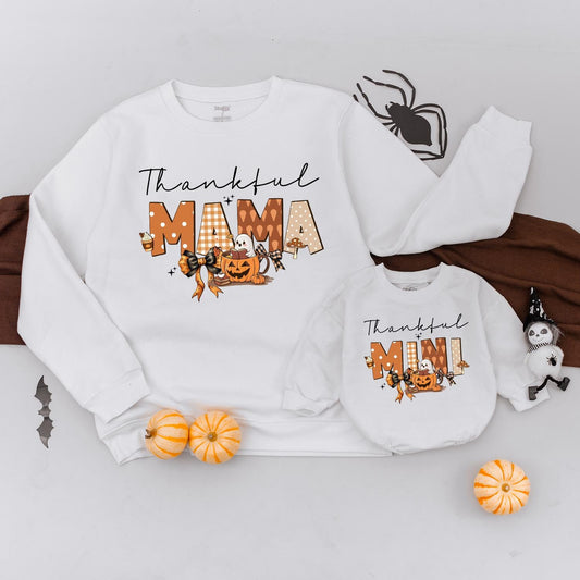 Thankful Mama Mini Fall Sweatshirt Matching Family Outfit Brown Orange Gingham Polka Dot Pumpkin Ghost Leaves Acorns Autumn Thanksgiving Gift