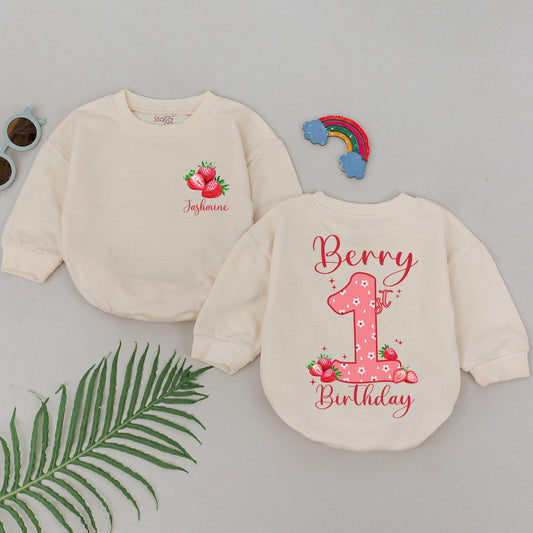 Sweet Berry 1st Birthday Romper for Girls Personalized "Jasmine" Custom Name Outfit Whimsical Strawberry Floral Celebration Bodysuit Baby Shower Gift Bubble Style