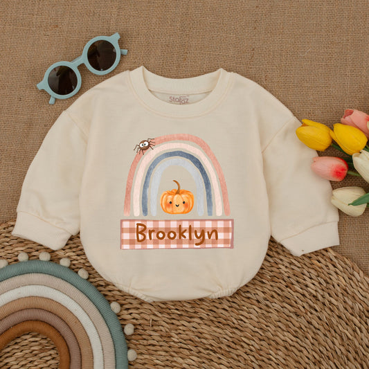 Custom Pumpkin Fall Rainbow Baby Romper Halloween Outfit, Pastel Colors, Spider & Brooklyn Banner, Baby Shower Gift, Fall Newborn Clothes