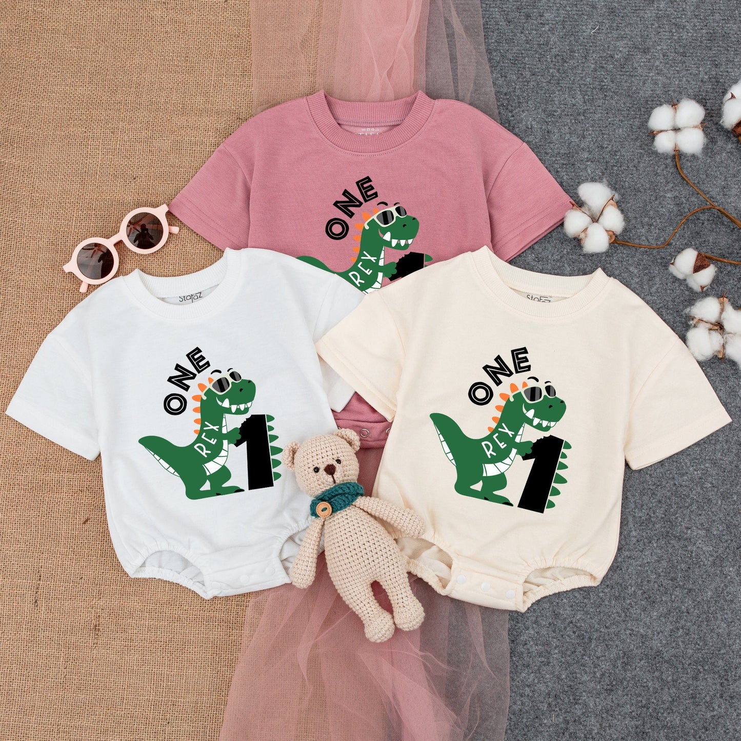 Personalized Dinosaur Birthday Boy Romper "One Rex" Cartoon Dino Sunglasses First Birthday Outfit Cute Dino Spikes 1st Birthday Boy Clothes