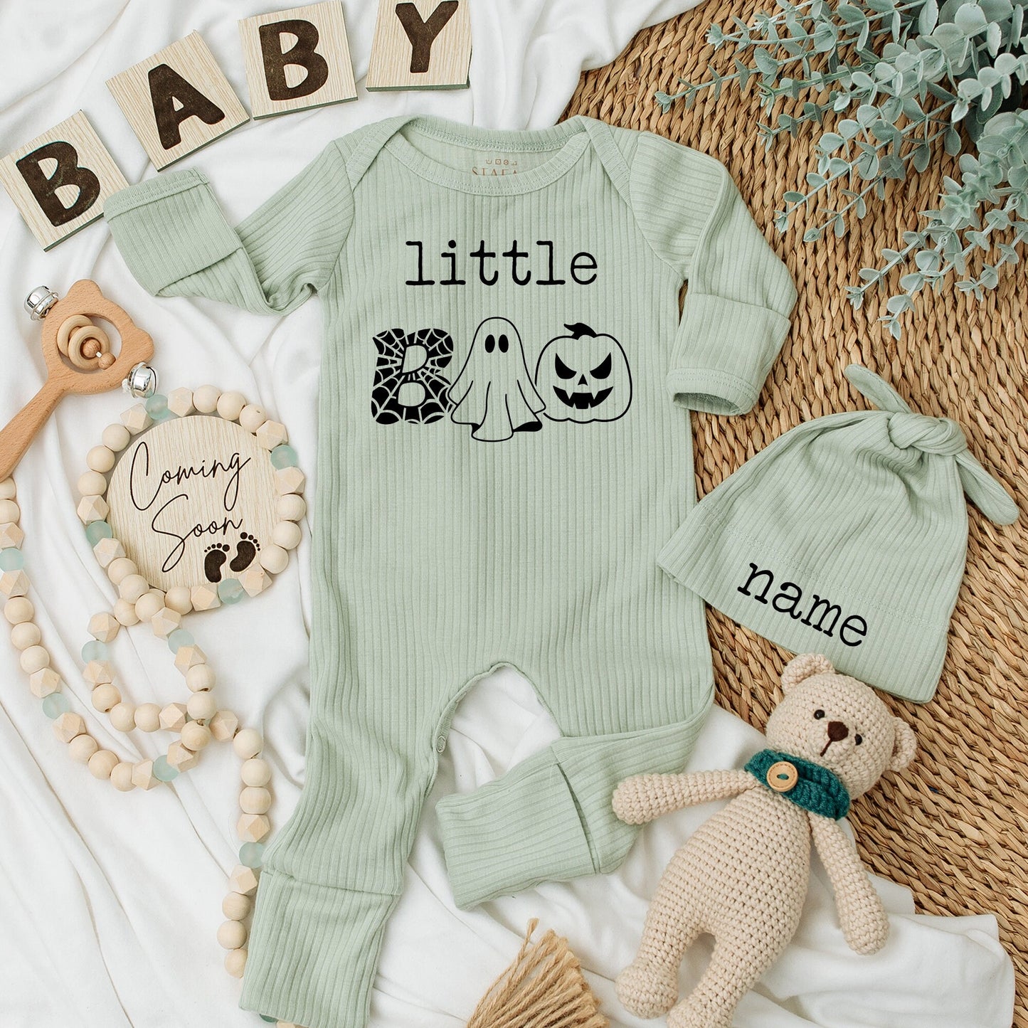Little Boo Halloween Bodysuit & Hat Set - Custom Name First Thanksgiving Outfit, Cute Ghost Pumpkin Infant Fall Baby Shower Gift Set (139 chars)