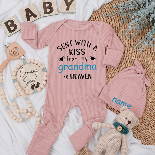 Sent With A Kiss From Grandma In Heaven Baby Bodysuit Blue Black Winged Heart Design, Personalized Guardian Angel Baby Shower Gift Newborn Apparel