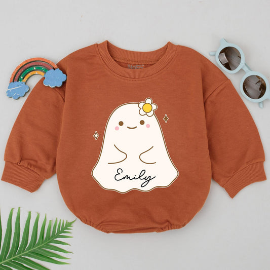 Personalized First Halloween Baby Romper Cute Ghost Name Design Sweet Boo Outfit Yellow Flower Cheeks Fall Shower Gift Infant Bodysuit