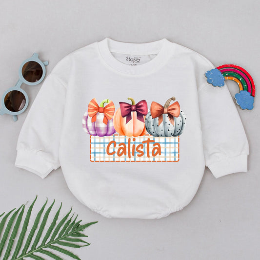 Calista Pumpkin Romper Personalized Little Pumpkin Bodysuit for Girls First Thanksgiving Birthday Gift Cute Fall Outfit