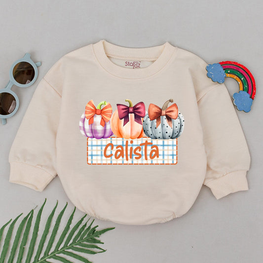 Calista Pumpkin Romper Personalized Little Pumpkin Bodysuit for Girls First Thanksgiving Birthday Gift Cute Fall Outfit