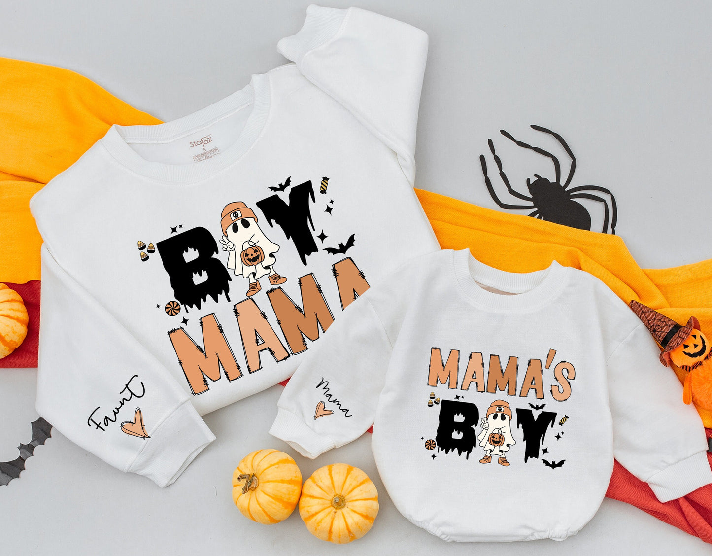 Cozy Mommy and Me Retro Halloween Sweatshirts featuring Vintage Ghost for Boy Mama Mama's Boy Matching Family Outfits Fall