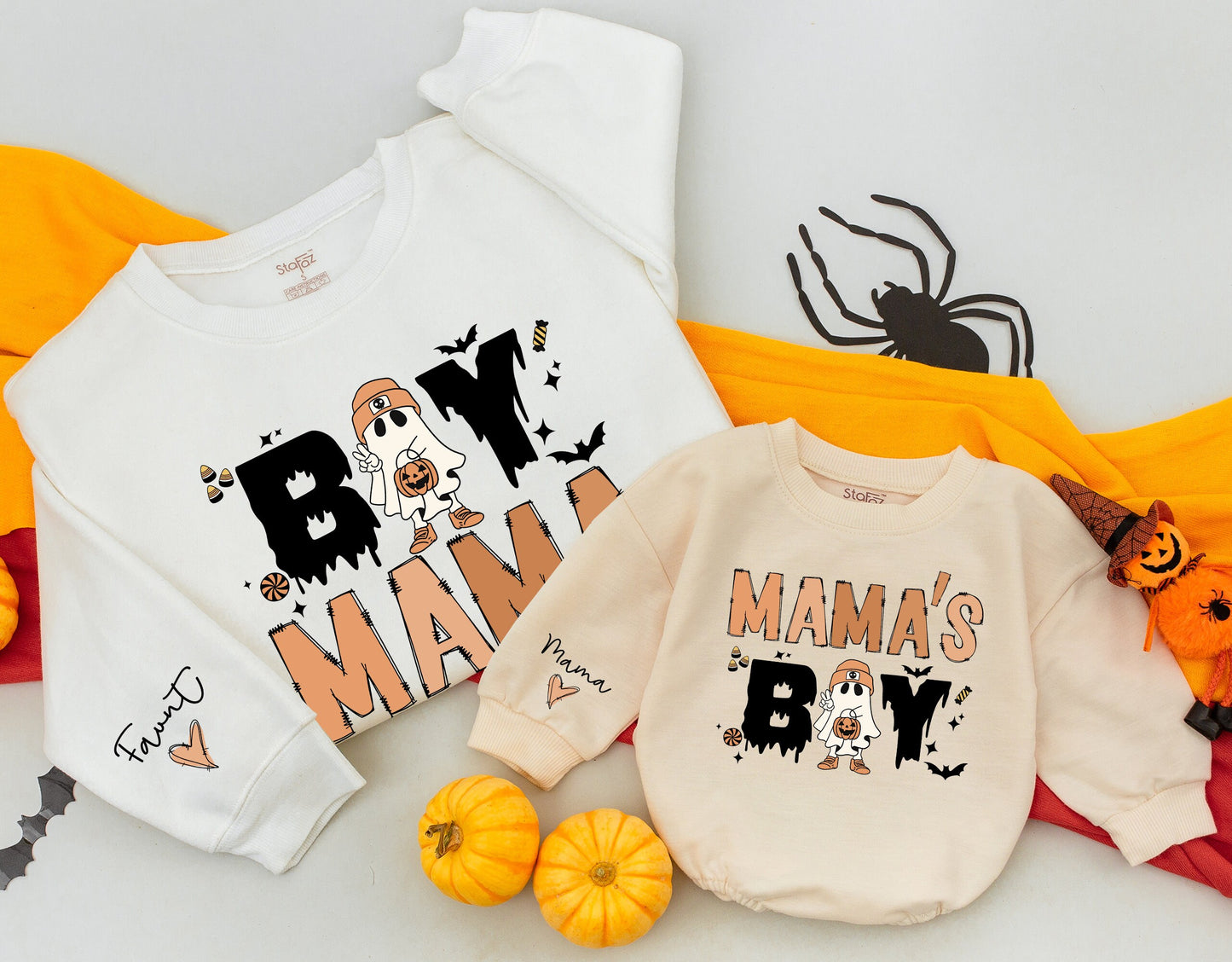 Cozy Mommy and Me Retro Halloween Sweatshirts featuring Vintage Ghost for Boy Mama Mama's Boy Matching Family Outfits Fall