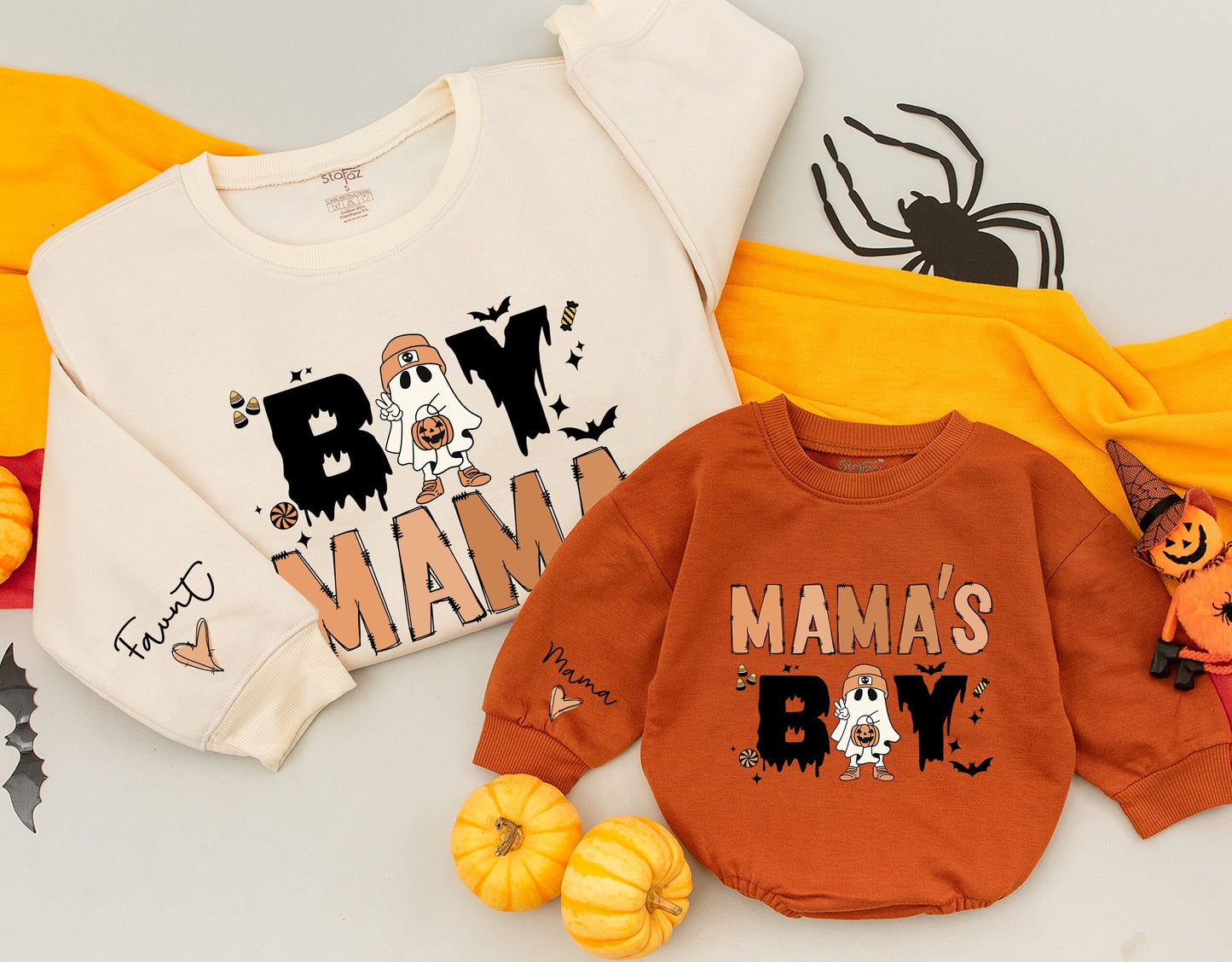 Cozy Mommy and Me Retro Halloween Sweatshirts featuring Vintage Ghost for Boy Mama Mama's Boy Matching Family Outfits Fall