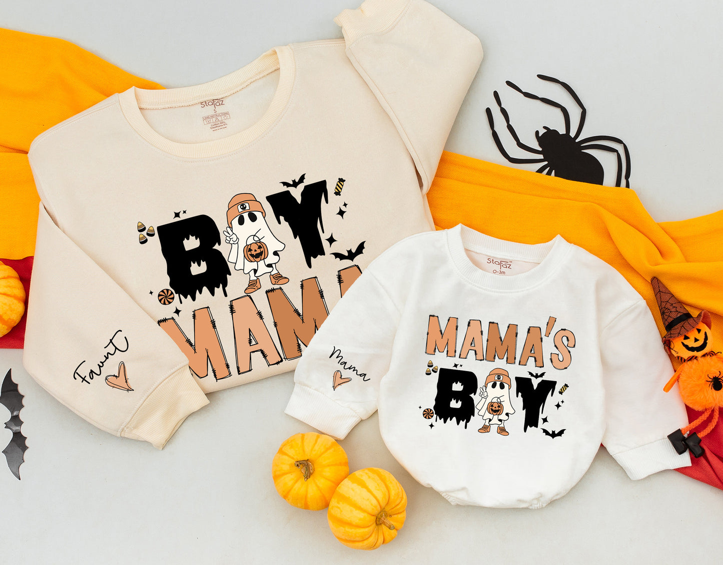 Cozy Mommy and Me Retro Halloween Sweatshirts featuring Vintage Ghost for Boy Mama Mama's Boy Matching Family Outfits Fall