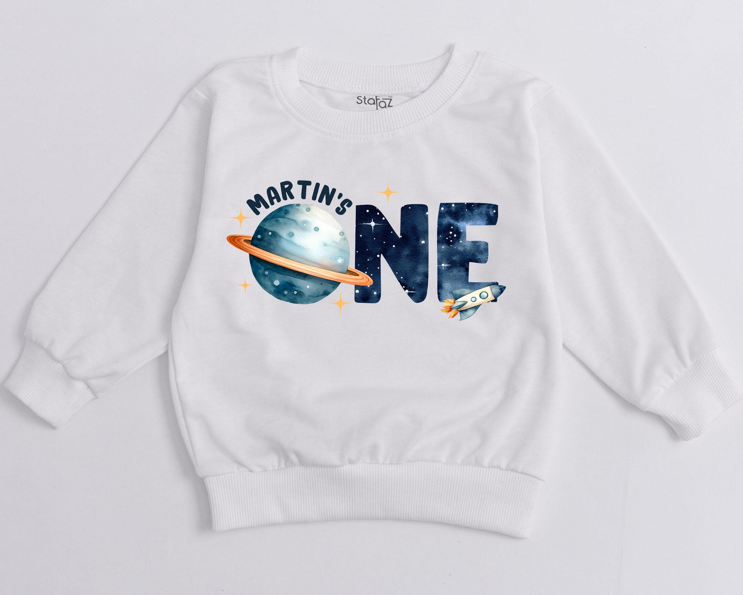 Martin's One Space Birthday Sweatshirt, First Trip Around The Sun Outfit, Starry 1st Birthday Boy Clothes, Rocket Ship Tee, Watercolor Astronaut Party 139