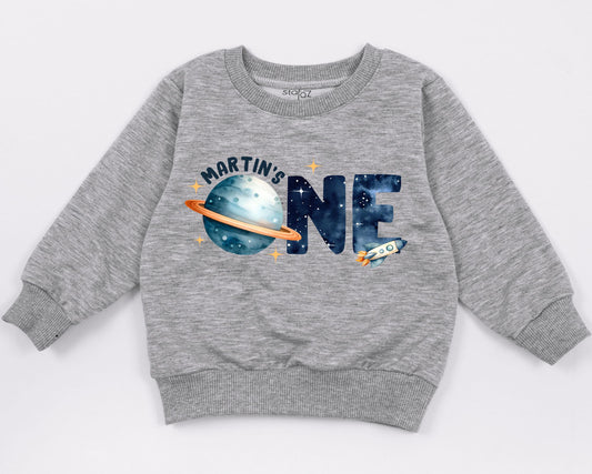 Martin's One Space Birthday Sweatshirt, First Trip Around The Sun Outfit, Starry 1st Birthday Boy Clothes, Rocket Ship Tee, Watercolor Astronaut Party 139