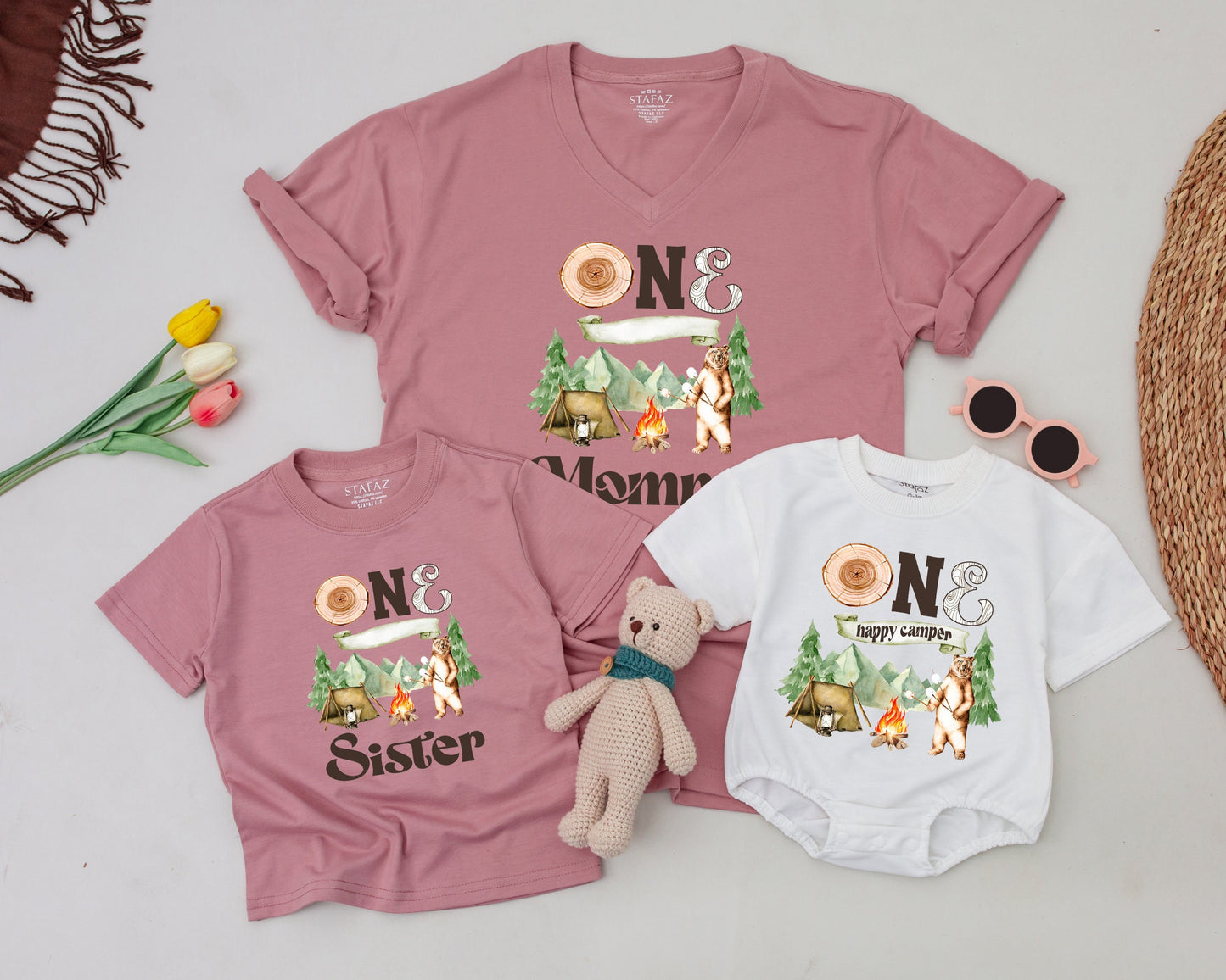 One Happy Camper 1st Birthday Family Matching Shirts Camping Bear Forest Adventure Wood Slice Design for Baby Toddler First Birthday Party