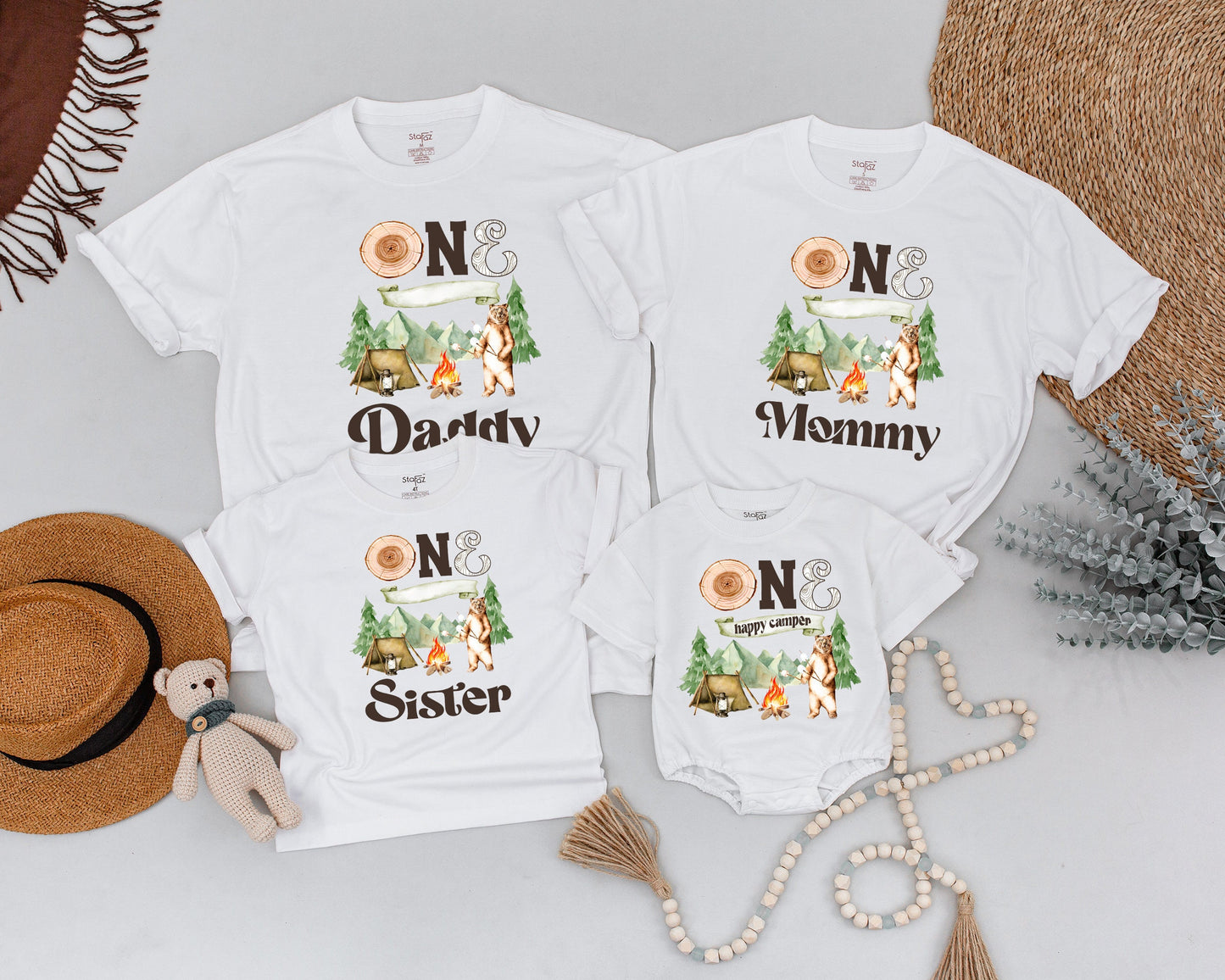 One Happy Camper 1st Birthday Family Matching Shirts Camping Bear Forest Adventure Wood Slice Design for Baby Toddler First Birthday Party