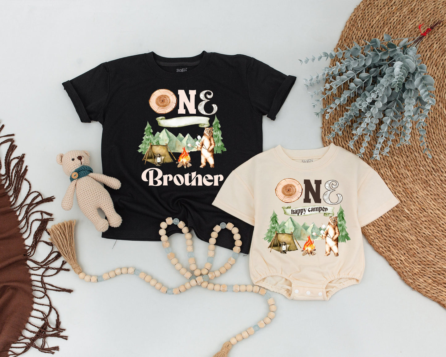 One Happy Camper 1st Birthday Family Matching Shirts Camping Bear Forest Adventure Wood Slice Design for Baby Toddler First Birthday Party