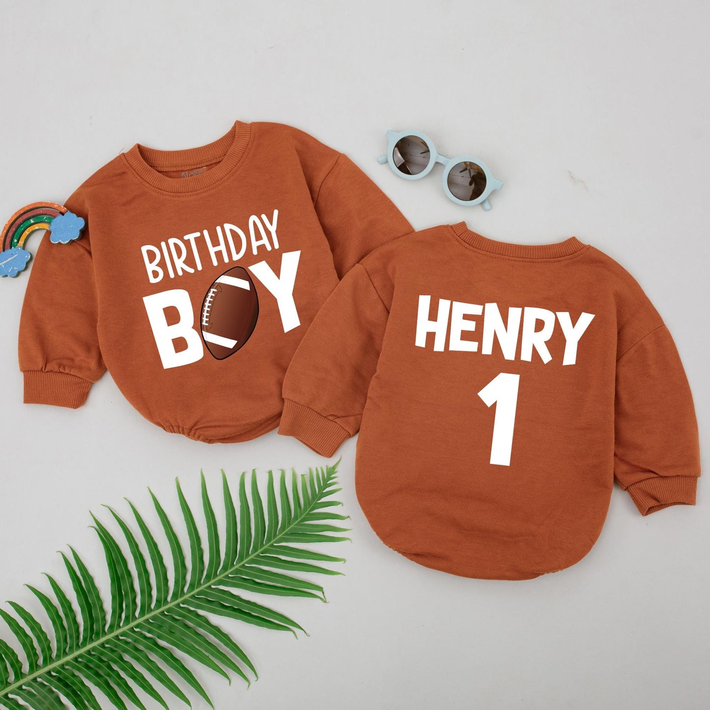 Personalized Football First Birthday Romper, Touchdown Outfit for Baby Boys, 1st Year Down Celebration, Custom Name, Soft Cotton Clothes, Photo Prop (138 chars)