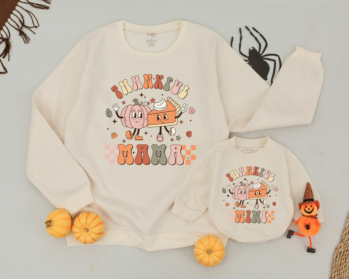 Retro Thankful Mama and Mini Matching Thanksgiving Outfits Pumpkin Pie Fall Leaves Stars Family Holiday Celebration
