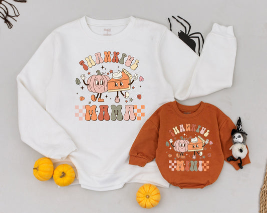 Retro Thankful Mama and Mini Matching Thanksgiving Outfits Pumpkin Pie Fall Leaves Stars Family Holiday Celebration