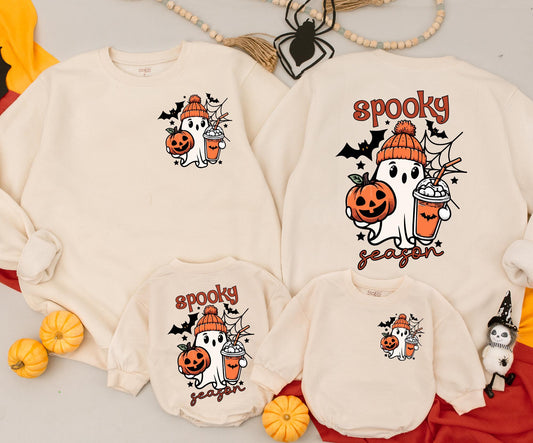 Matching Family Halloween Sweatshirt & Romper Cute Spooky Ghost Design Vintage Cartoon Style Orange Black White Fall Celebration Gift
